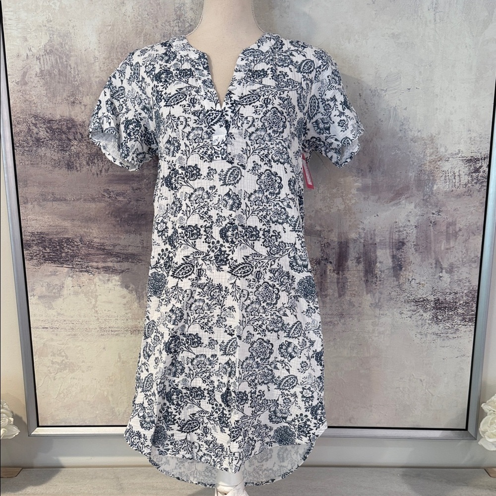 Curved Hem Henley Floral Print Blue/White Boho Women's Dress size XS